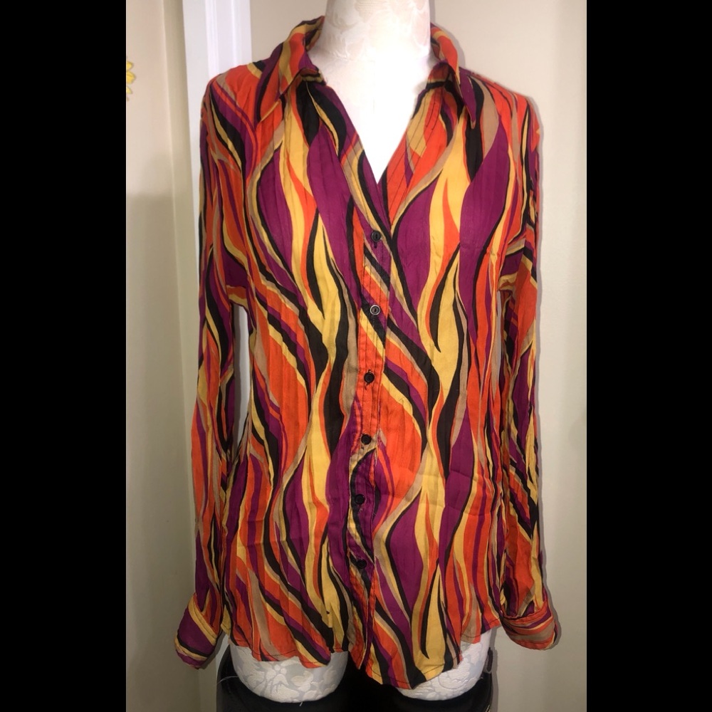 Sunny Leigh long-sleeved blouse with a unique multi-colored pattern